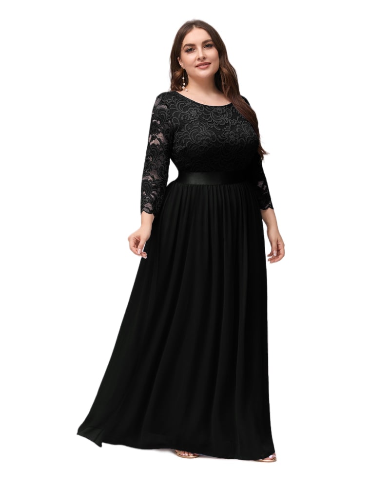 Front of a model wearing a size 20 See-Through Floor Length Lace Evening Dress in Black by Ever-Pretty. | dia_product_style_image_id:291239
